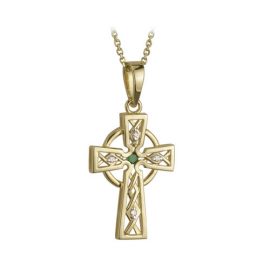 Celtic Cross with Emerald & Diamonds 14kt Yellow Gold